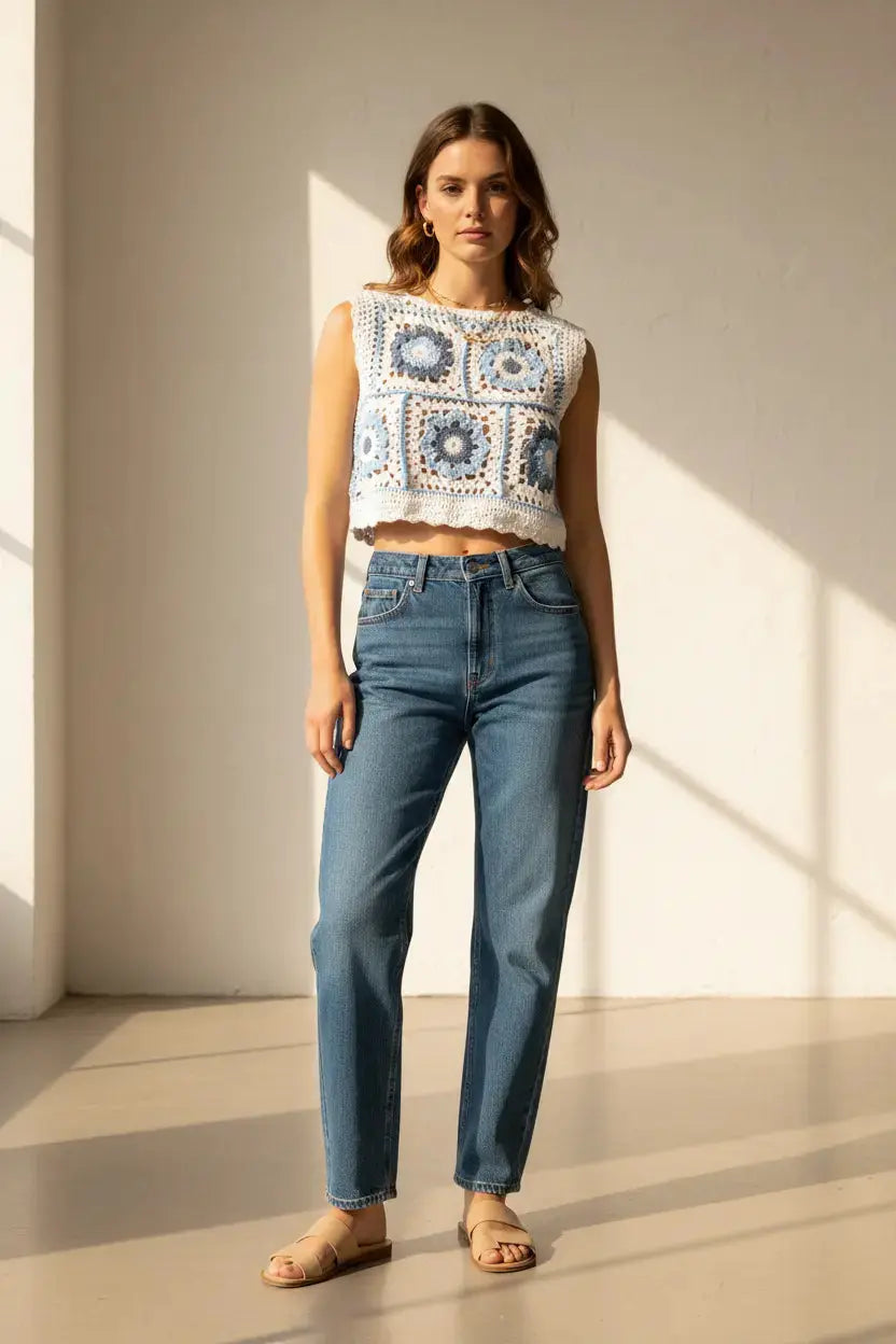 A woman stands in a sunlit studio wearing a sleeveless crocheted crop top with a blue and white granny-square pattern, paired with medium-wash blue jeans and tan sandals.