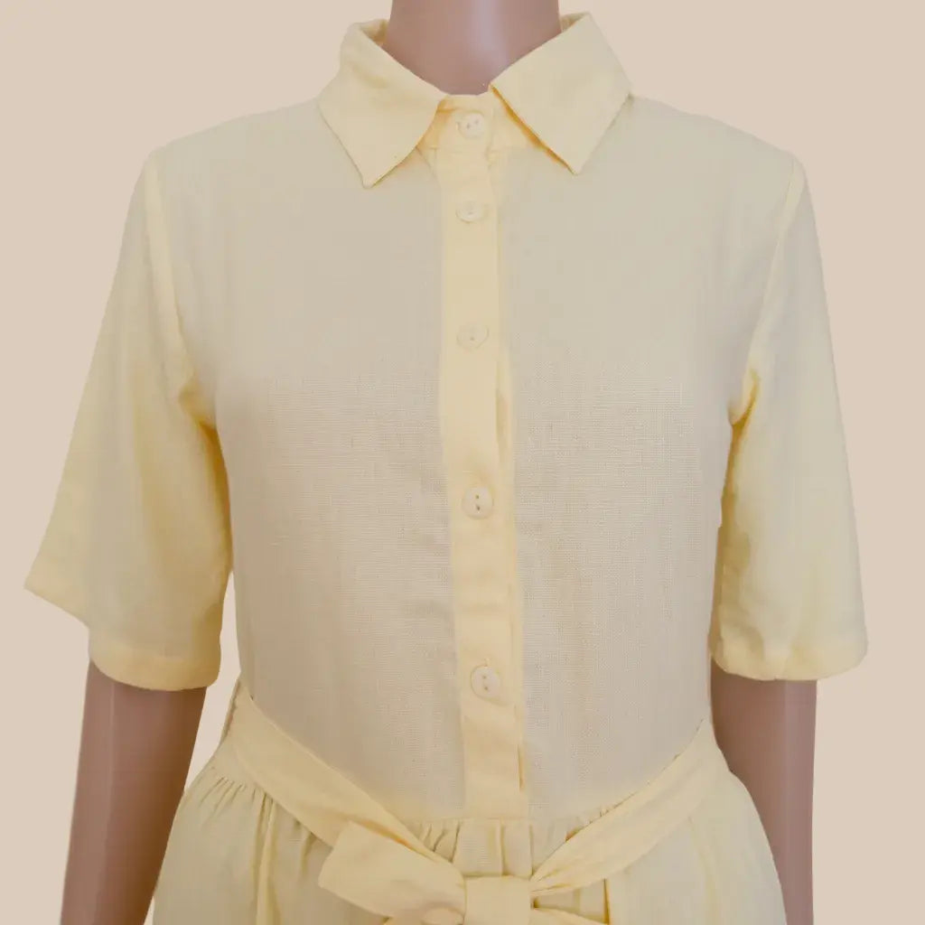Elodie Linen-Blend Shirt Dress - Butter Yellow / Maxi Shirt Dress with Tie Belt Veyaro