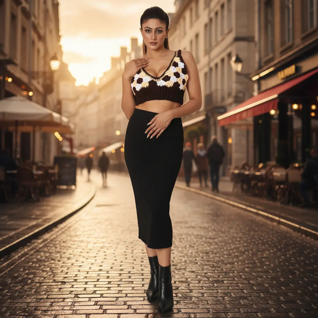 Woman wearing a black and brown patterned top with a black skirt on a white background