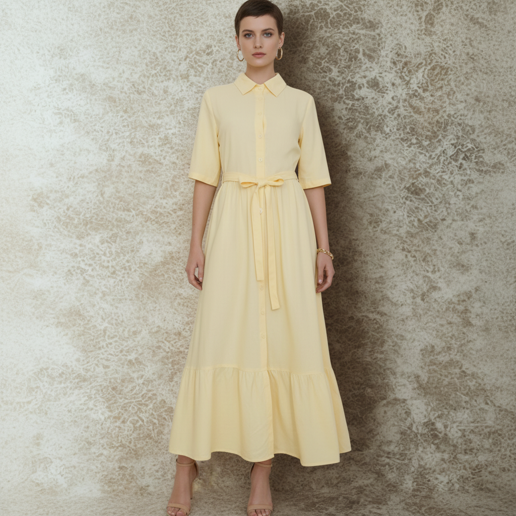Elodie Linen-Blend Shirt Dress - Butter Yellow / Maxi Shirt Dress with Tie Belt