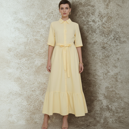 Elodie Linen-Blend Shirt Dress - Butter Yellow / Maxi Shirt Dress with Tie Belt