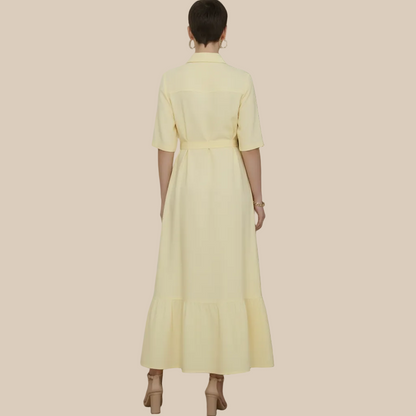 Elodie Linen-Blend Shirt Dress - Butter Yellow / Maxi Shirt Dress with Tie Belt