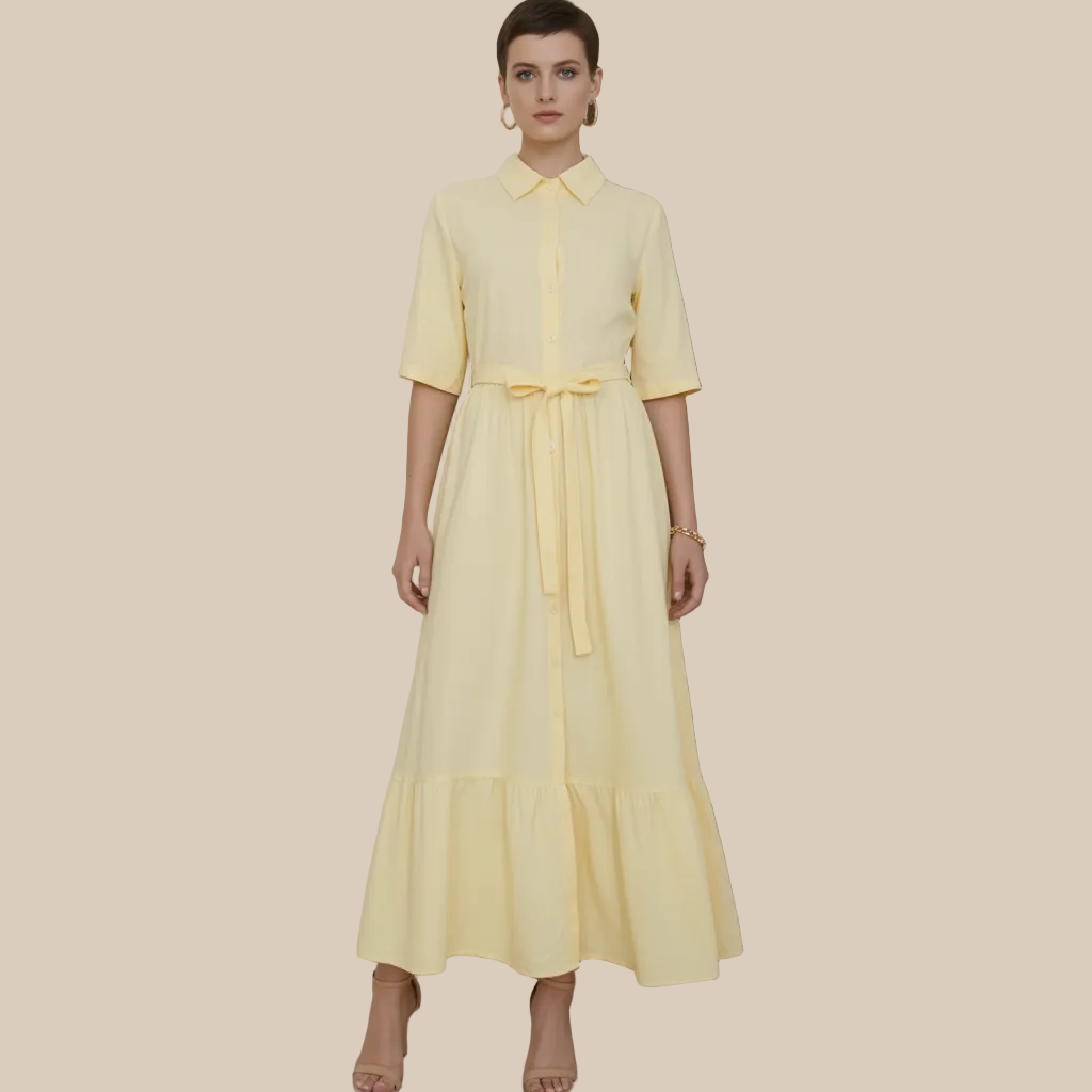Elodie Linen-Blend Shirt Dress - Butter Yellow / Maxi Shirt Dress with Tie Belt