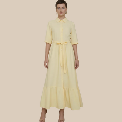 Elodie Linen-Blend Shirt Dress - Butter Yellow / Maxi Shirt Dress with Tie Belt