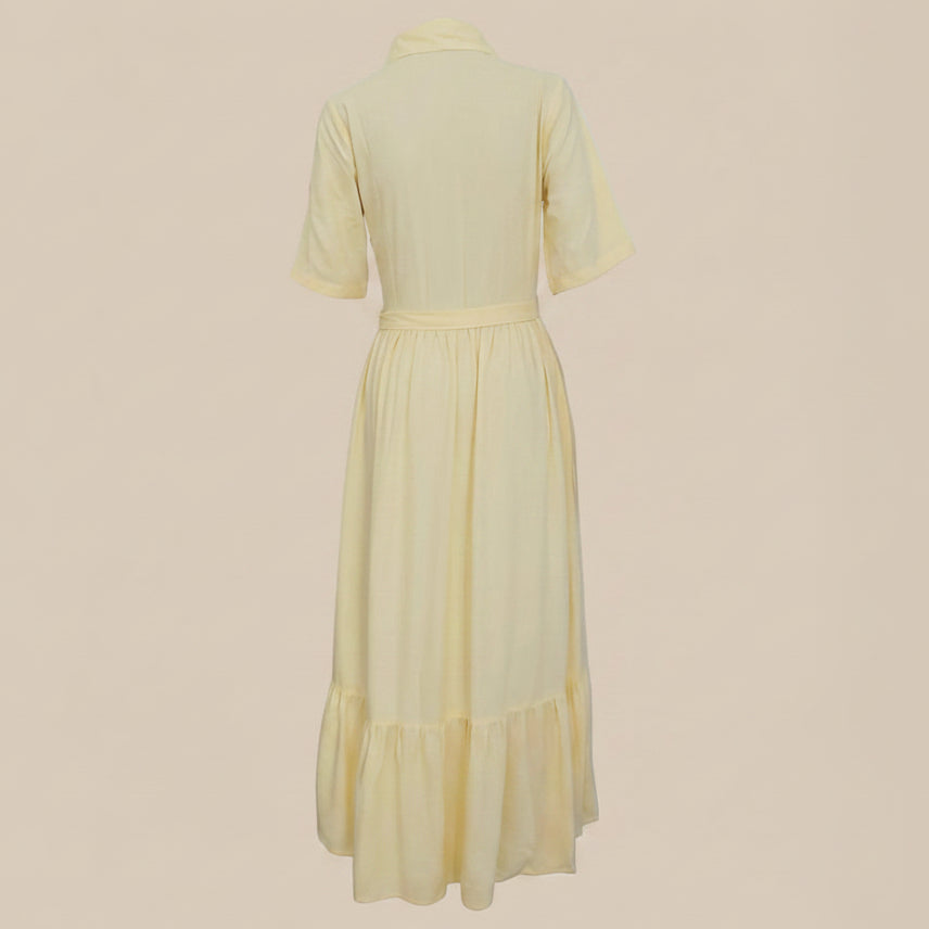 Elodie Linen-Blend Shirt Dress - Butter Yellow / Maxi Shirt Dress with Tie Belt
