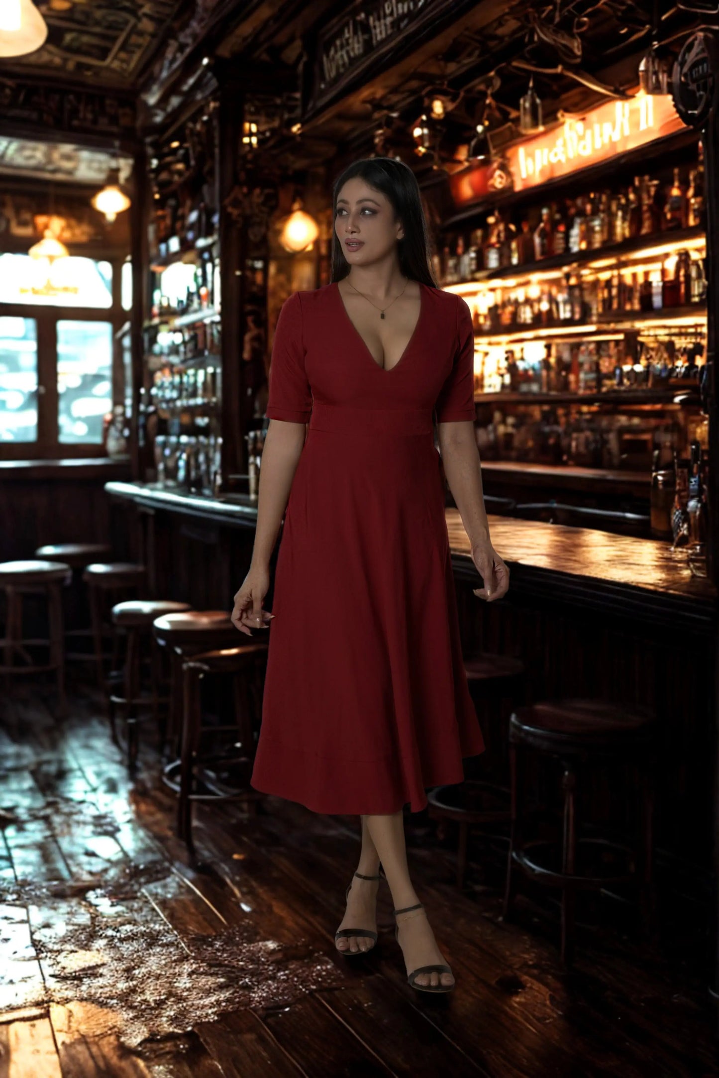 Veyaro V-Neck Maxi Dress -Maroon| Winter Spring 2026 - Veyaro