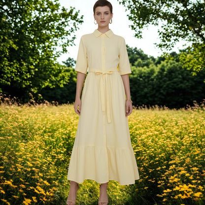 Elodie Linen-Blend Shirt Dress - Butter Yellow / Maxi Shirt Dress with Tie Belt