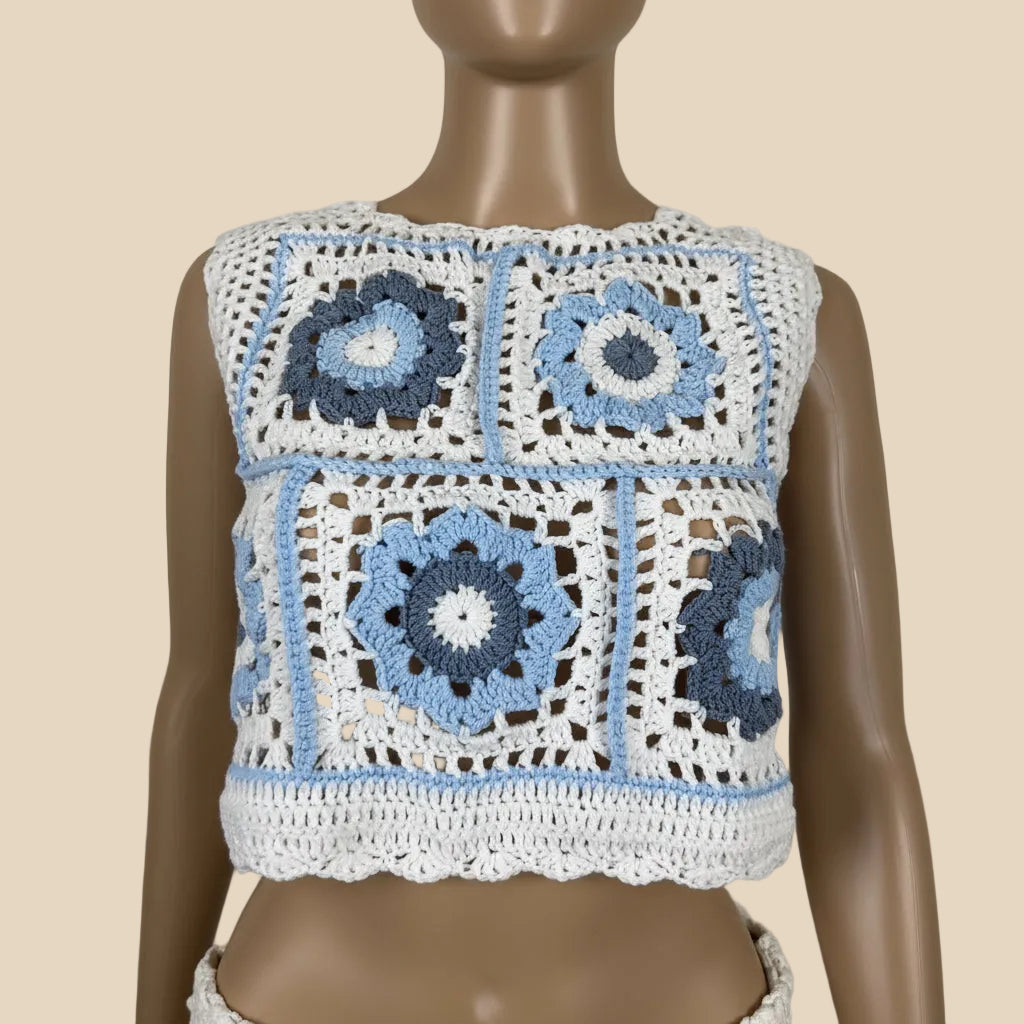 Veyaro Crocheted Floral Granny Square Crop Top
