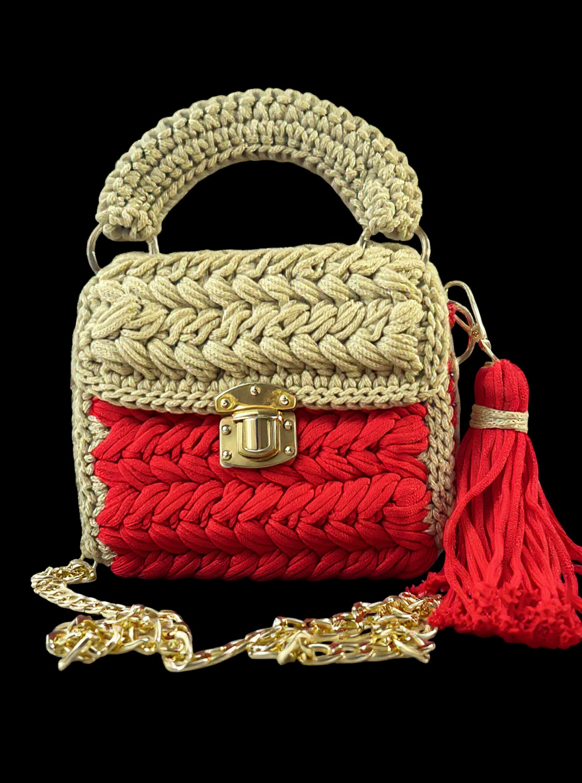 VEYARO Artisan Hand-Crocheted Statement Bag – Red & Beige with Gold Hardware - Veyaro