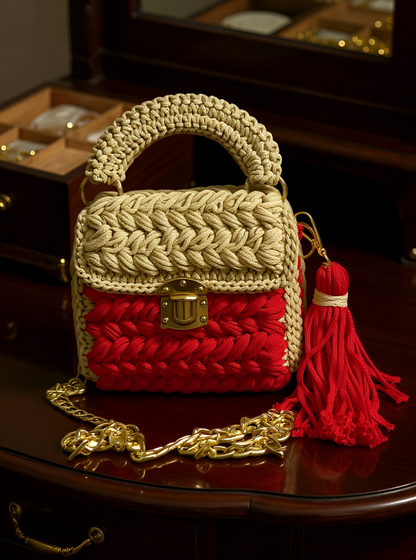 VEYARO Artisan Hand-Crocheted Statement Bag – Red & Beige with Gold Hardware - Veyaro