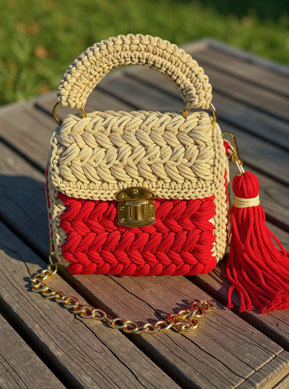VEYARO Artisan Hand-Crocheted Statement Bag – Red & Beige with Gold Hardware - Veyaro