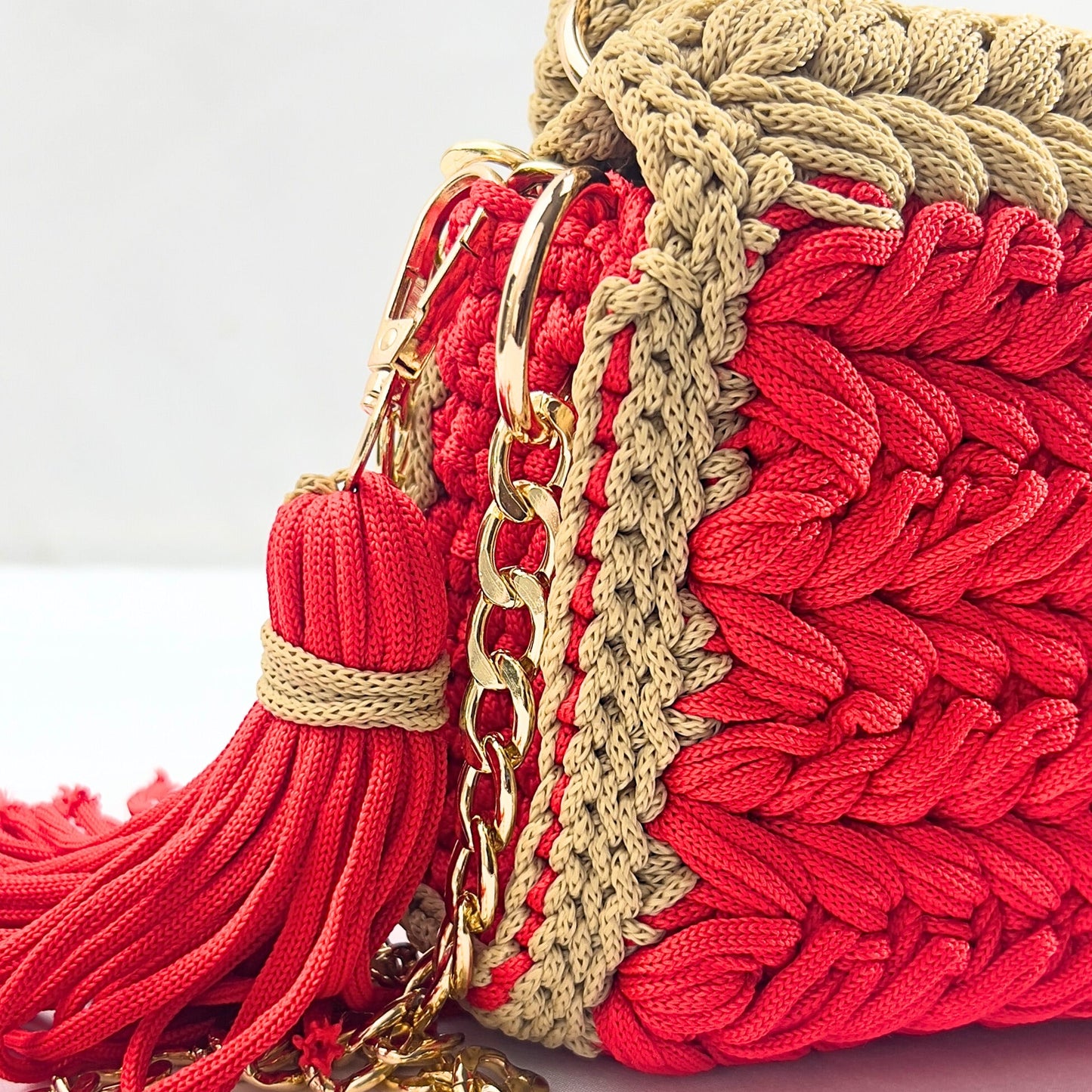VEYARO Artisan Hand-Crocheted Statement Bag – Red & Beige with Gold Hardware - Veyaro