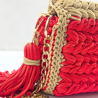 VEYARO Artisan Hand-Crocheted Statement Bag – Red & Beige with Gold Hardware - Veyaro