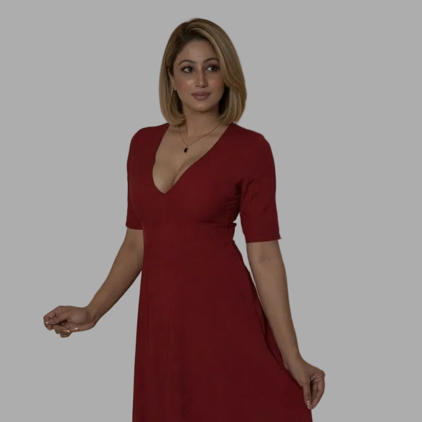 Veyaro V-Neck Maxi Dress -Maroon| Winter Spring 2026