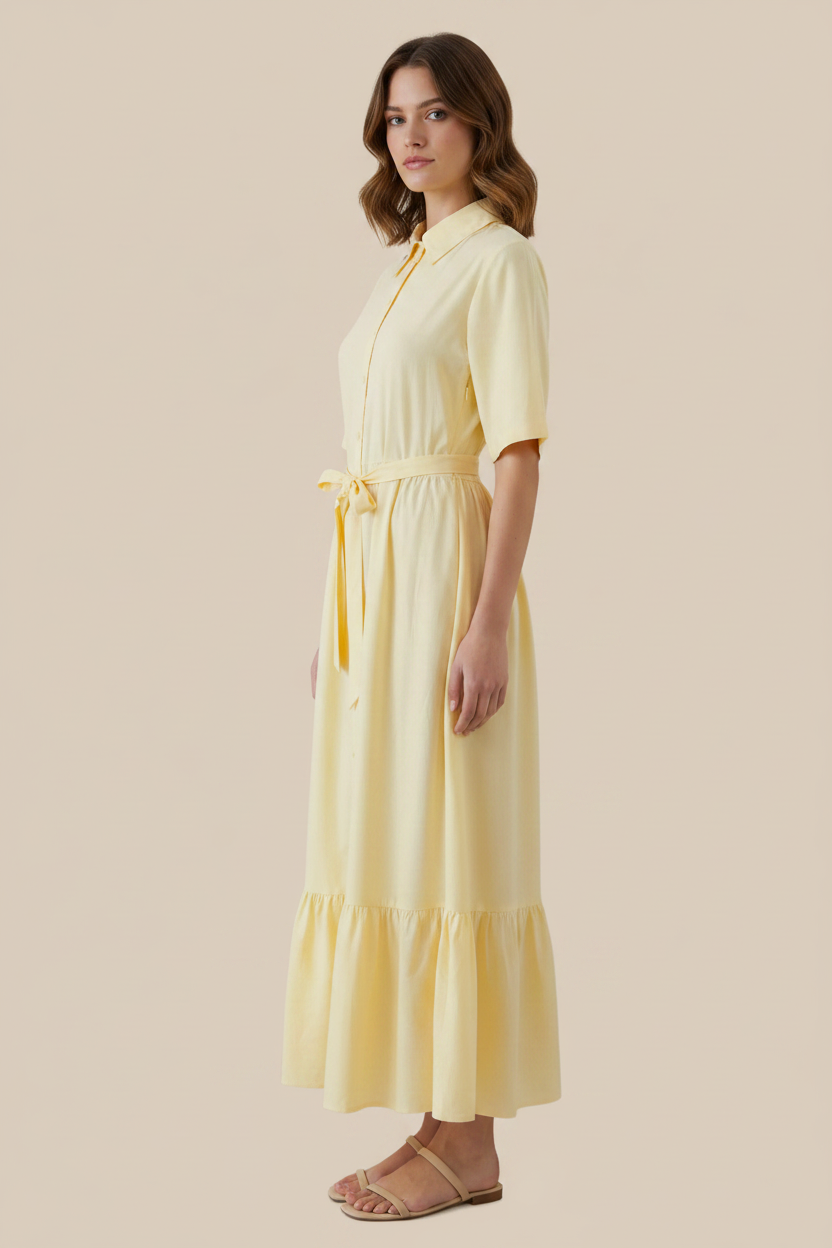 Elodie Linen-Blend Shirt Dress - Butter Yellow / Maxi Shirt Dress with Tie Belt
