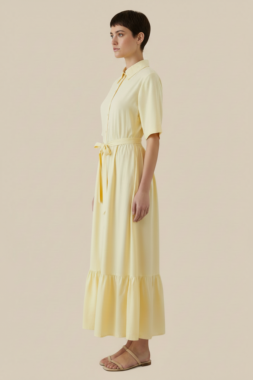 Elodie Linen-Blend Shirt Dress - Butter Yellow / Maxi Shirt Dress with Tie Belt