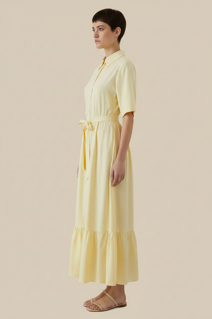 Elodie Linen-Blend Shirt Dress - Butter Yellow / Maxi Shirt Dress with Tie Belt