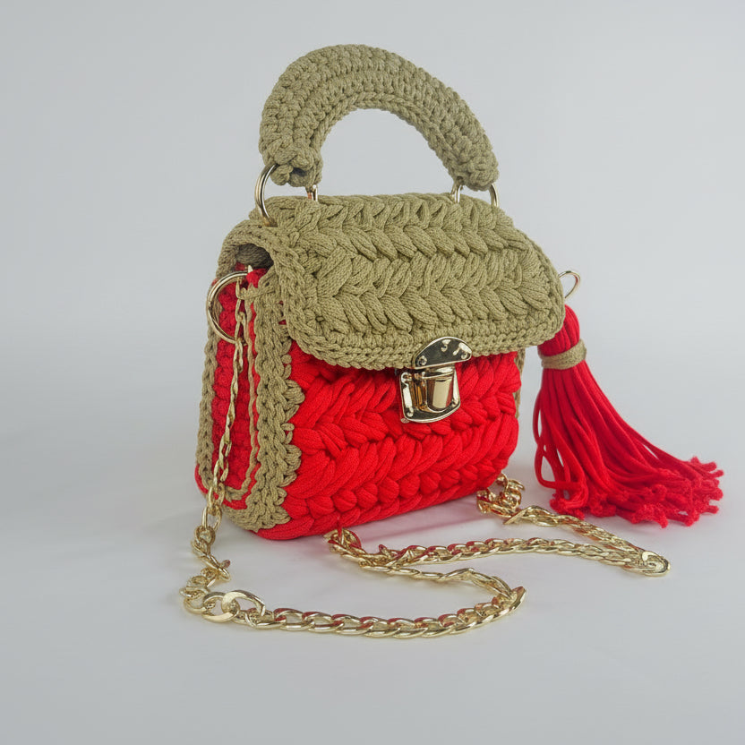 VEYARO Artisan Hand-Crocheted Statement Bag – Red & Beige with Gold Hardware - Veyaro