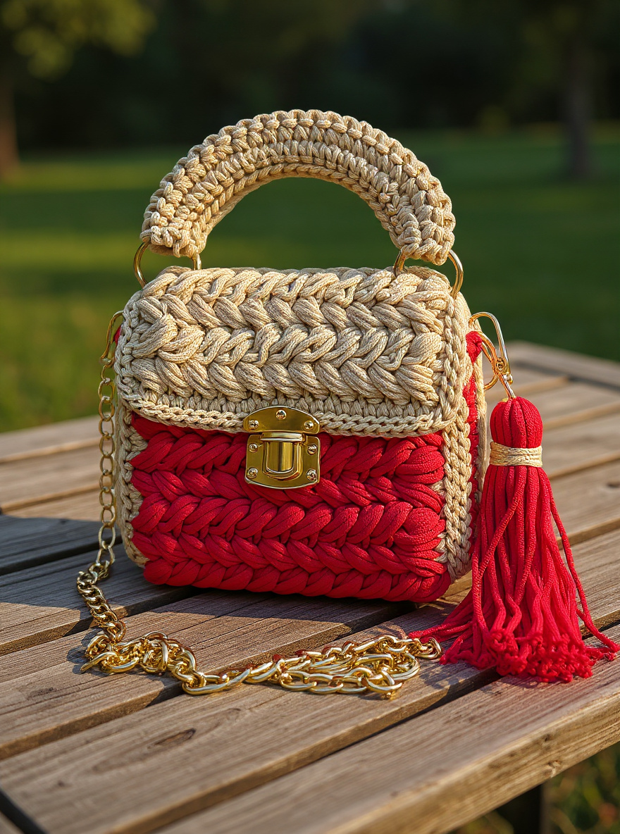 VEYARO Artisan Hand-Crocheted Statement Bag – Red & Beige with Gold Hardware - Veyaro
