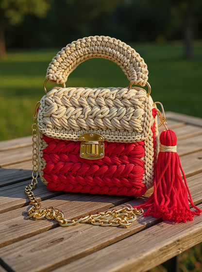 VEYARO Artisan Hand-Crocheted Statement Bag – Red & Beige with Gold Hardware - Veyaro