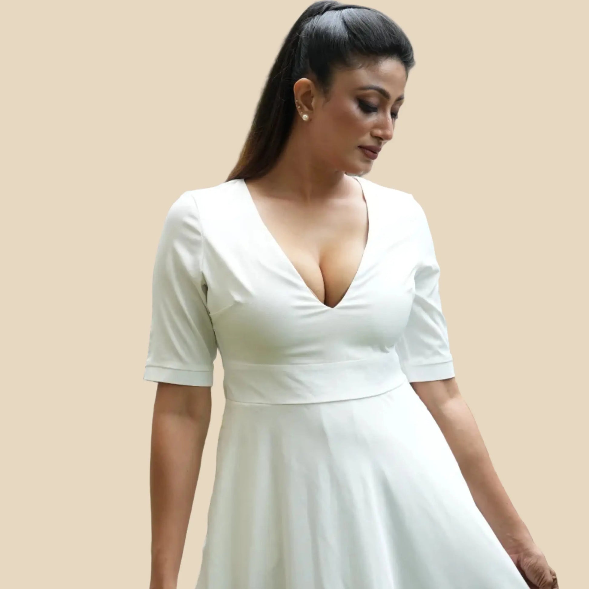 Veyaro Midi Dress-Cream Crepe V-Neck Dress with Pockets | Lined Bodice Veyaro