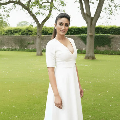 Woman in a white dress standing in a garden with trees and greenery.