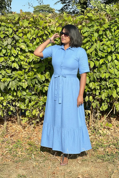 Sky Blue Linen-Cotton Shirt Maxi Dress - Veyaro Veyaro