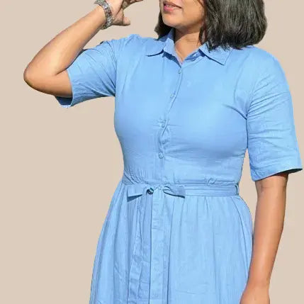 Sky Blue Linen-Cotton Shirt Maxi Dress - Veyaro Veyaro