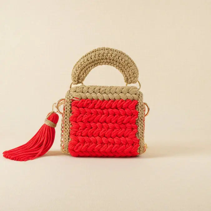VEYARO Artisan Hand-Crocheted Statement Bag – Red & Beige with Gold Hardware - Veyaro