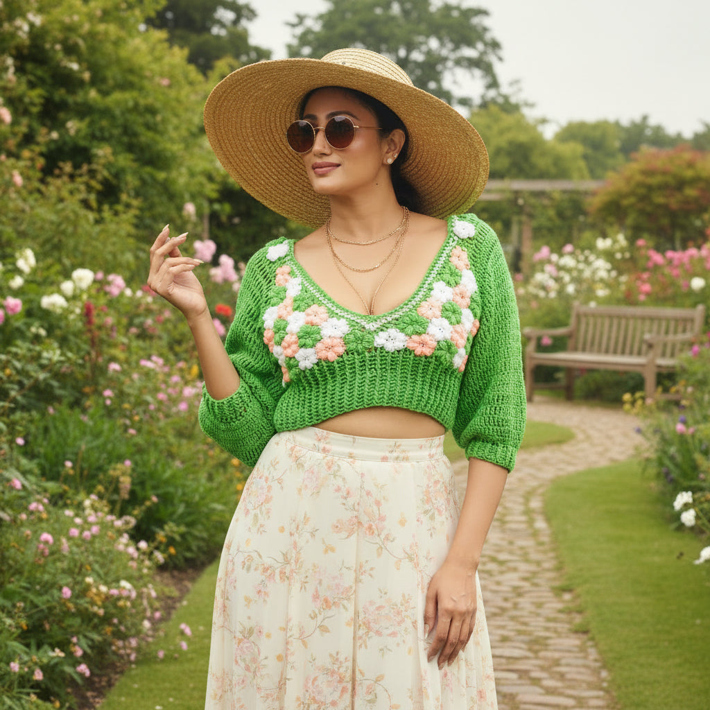 Woman wearing a green crochet top with floral patterns standing next to a plant.