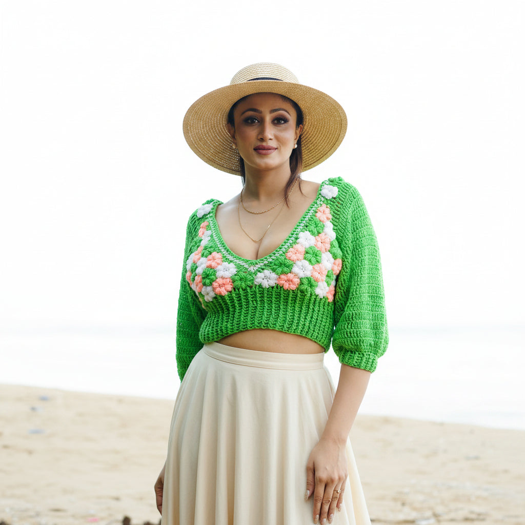 Woman wearing a green crochet top with floral patterns against a natural background