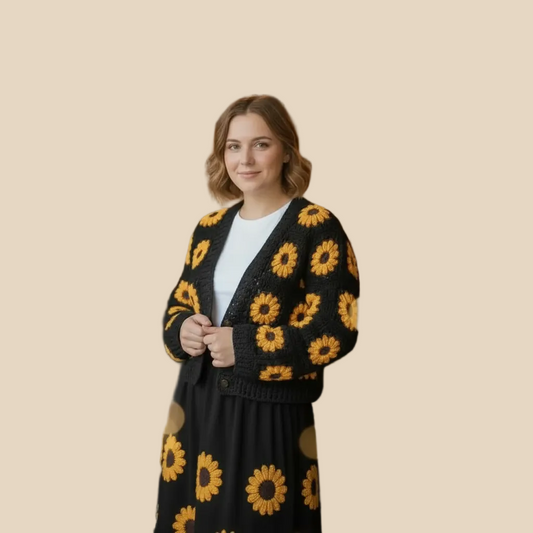 Woman wearing a black cardigan with yellow floral patterns in a cozy indoor setting.