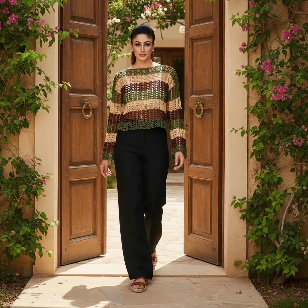 Woman in a patterned sweater and black pants standing in an open wooden door with floral decorations.