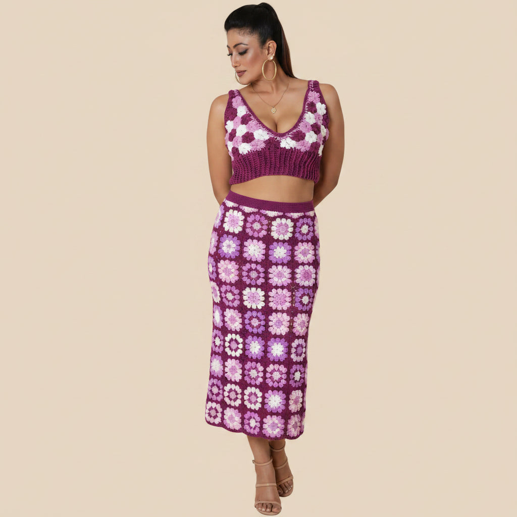 Women wearing a knitted crochet cropped top