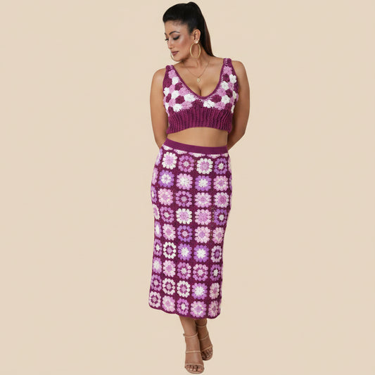 Women wearing a knitted crochet cropped top