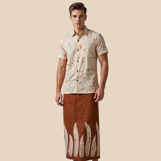 Man wearing a patterned shirt and brown sarong on a beige background