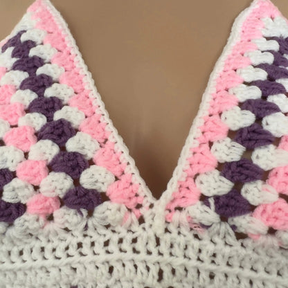 Handmade Crochet Daisy Halter Crop Top-Plum & Pink | Ready to Ship Veyaro