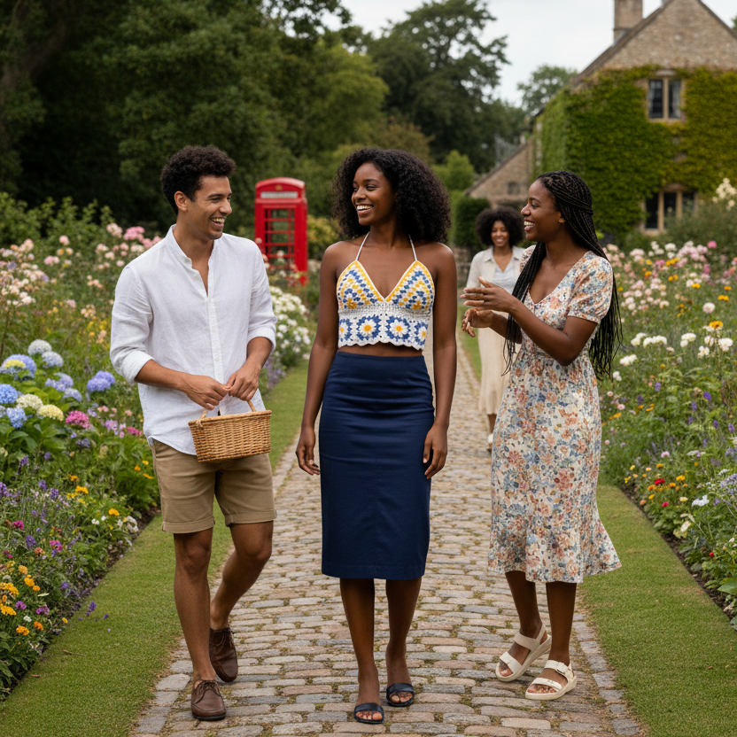 Women wearing a crochet cropped top -Veyaro and talking with friends, walking along a garden path with a red phone booth in the background.
