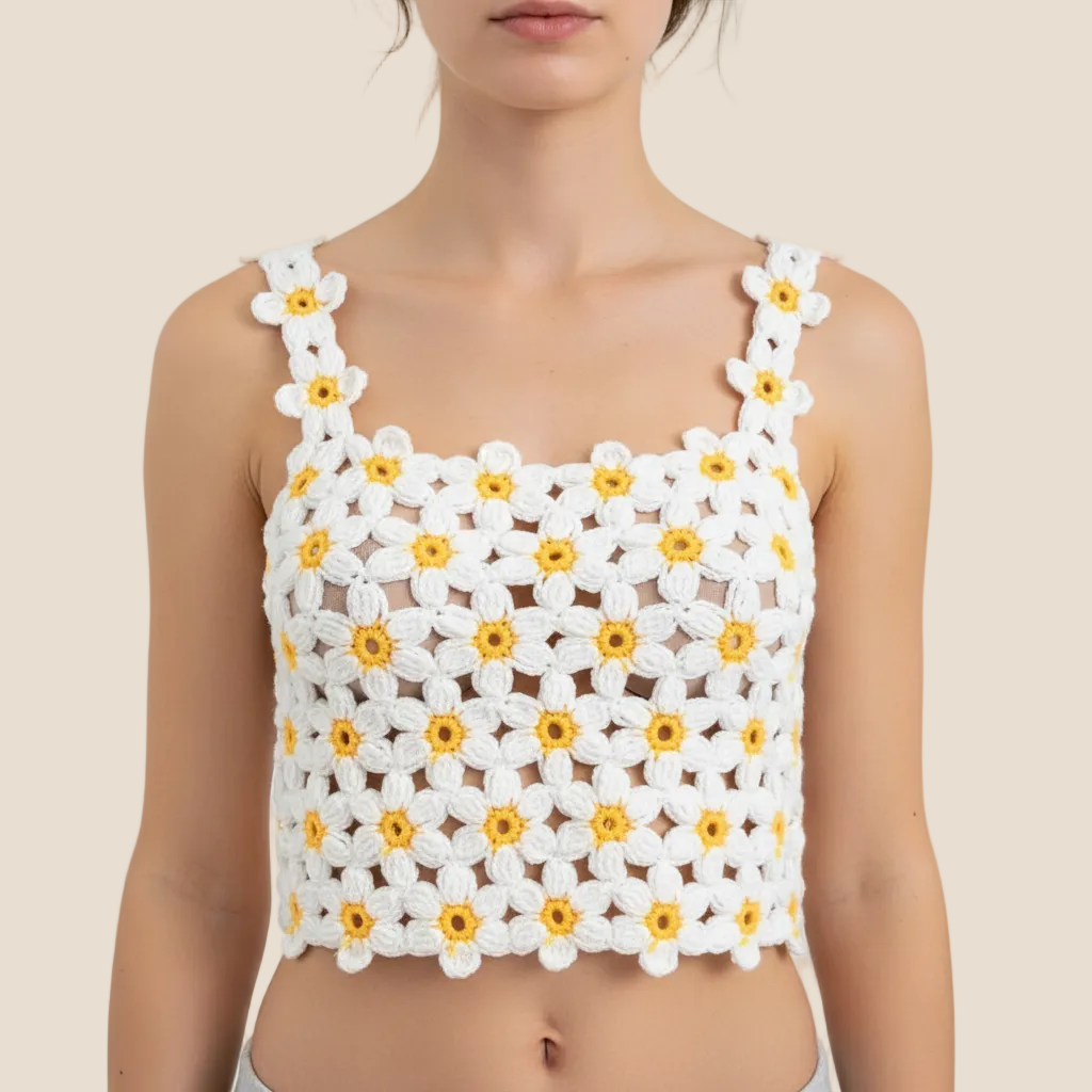 Front_view_Handmade_white_crochet_crop_top_with_yellow_daisy_flowers_and_square_neckline_on_model-Veyaro