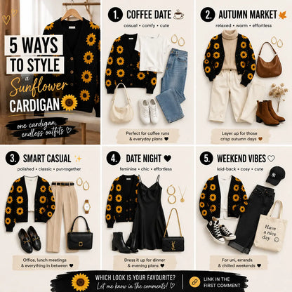 Collage of five outfit ideas using a sunflower cardigan with corresponding descriptions and images.