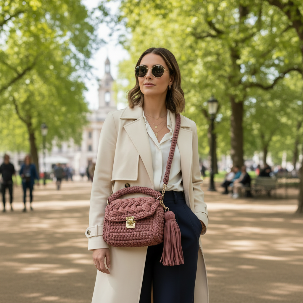 Woman in a park wearing sunglasses and holding a pink knitted bag.