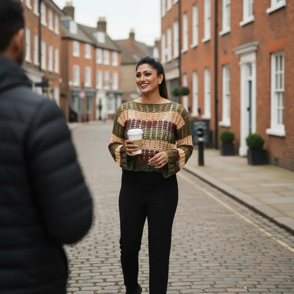 Woman in a patterned sweater holding a coffee cup on a street with brick buildings.