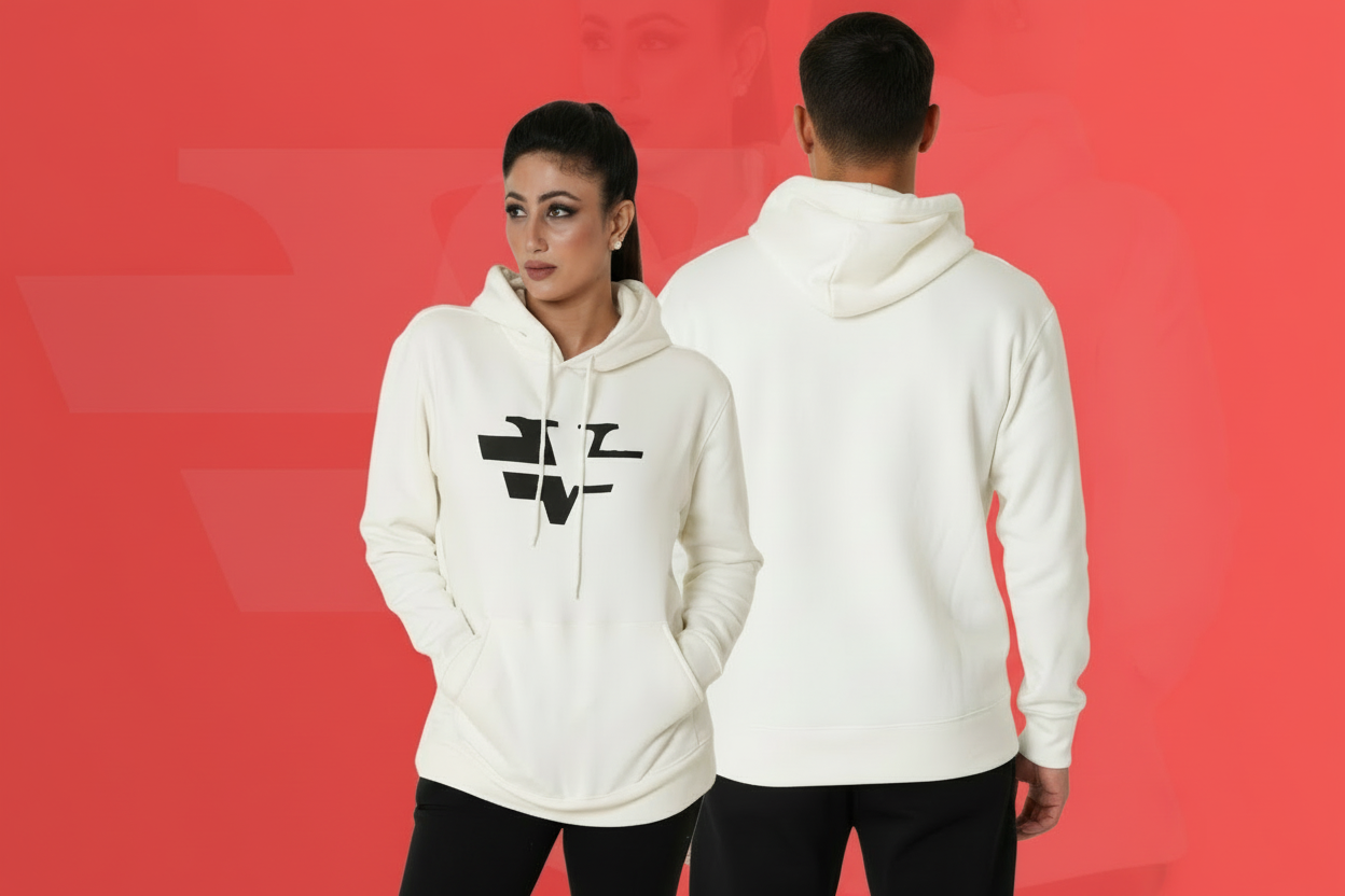 A man and a women modeling white VEYARO hoodies with a black chest logo, set against a coral red background.  