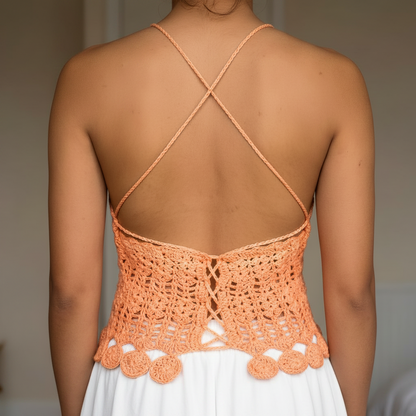 A girl wearing a crochet top with lace up open back design-Veyaro