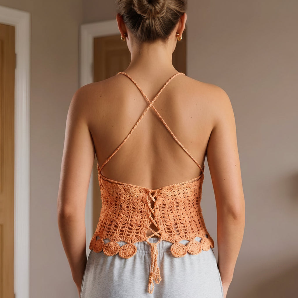 Woman wearing a crochet top with a neutral background-Veyaro
