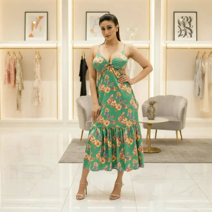 Woman in a green floral dress standing in a stylish interior setting - Veyaro 