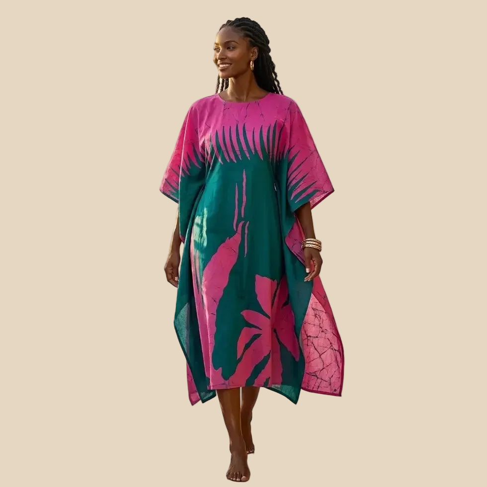 Handmade batik caftan dress pink and green front and back, 100% cotton super voile lightweight resort wear