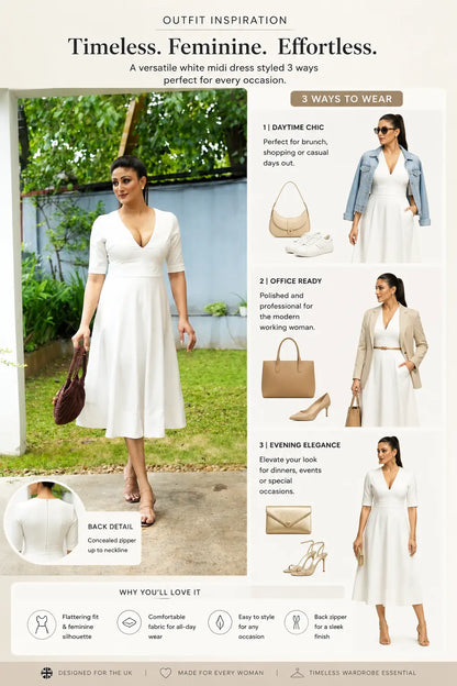 White dress styled three ways with outfit inspiration text and images of a woman wearing the dress in various settings.