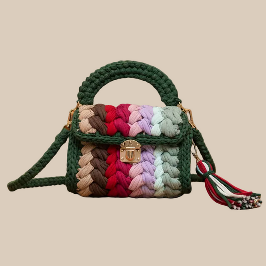Multicolored braided handbag with a gold clasp on a beige background