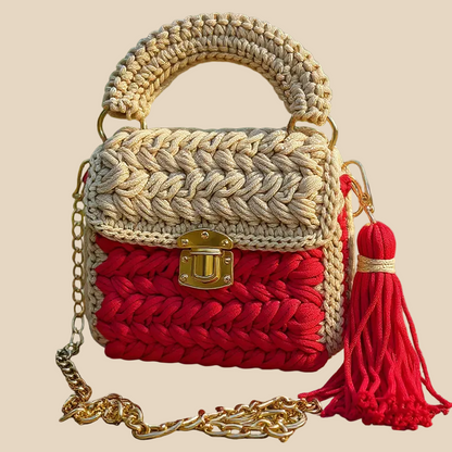 VEYARO Artisan Hand-Crocheted Statement Bag – Red & Beige with Gold Hardware - Veyaro